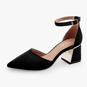 Black suede pointed toe block heels